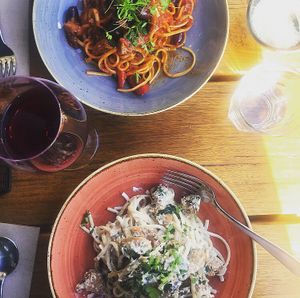 Vegan linguine primavera and pollo funghi at Versachi Pizza and Wine Bar in South Yarra