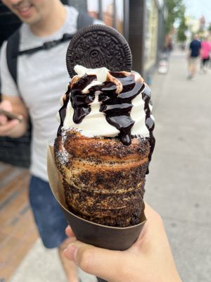 Oreo chocolate chimney cone with vanilla soft serve  at Eva's Original Chimneys in Toronto