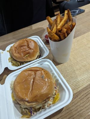 Burgers and spicy fries at Eva's Original Chimneys in Toronto