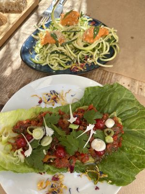 Zucchini pasta and veggie tacos at Les Baux Jus in Les Baux-de-provence