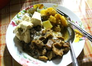 Three sauces on rice. This plus one big taro-filled spring roll with peanut sauce was 50 Baht.  at Thai Vegetarian Food in Chiang Mai