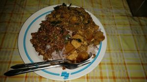 mixed plate of 4 dishes on rice.  at Thai Vegetarian Food in Chiang Mai