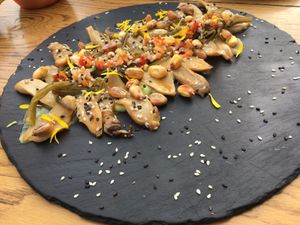 Not-octopus (vegan) made with mushrooms, miso, sea weeds, on top of an avocado&wasabi cream  at Verde Sazon in Santiago