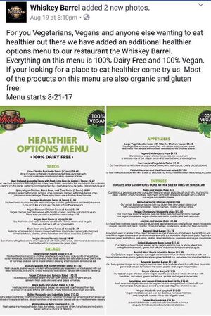 Monday’s is 20% off the vegan menu.  at The Whiskey Barrel in Hesperia