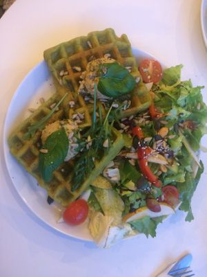 Potatoe vaffel with hummus and fresh salad  at Kukutu Cafe in Jelenia Gora