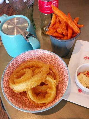 Vegan sweet potato fries and onion rings at HardyBaker in Bundoran