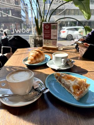 Cappuccino with oat milk, apricot cake  at Beetnut in Zurich