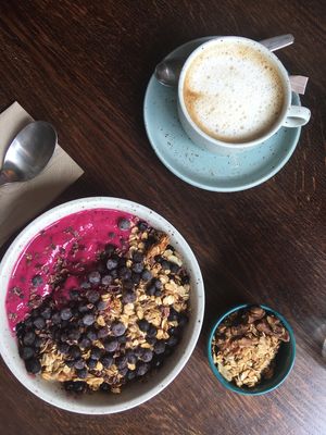 Dragon’s blood smoothie bowl and an oat milk cappuccino  at Beetnut in Zurich