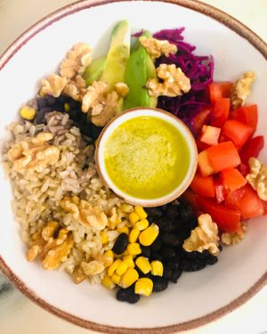 Black beans and wholemeal rice budha bowl  at Raizes in Quarteira