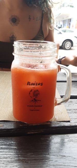 Watermelon and strawberry natural juice at Raizes in Quarteira