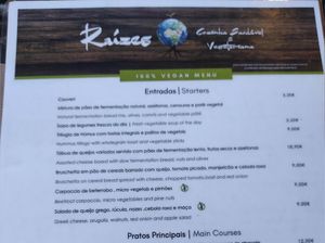 Menu at Raizes in Quarteira