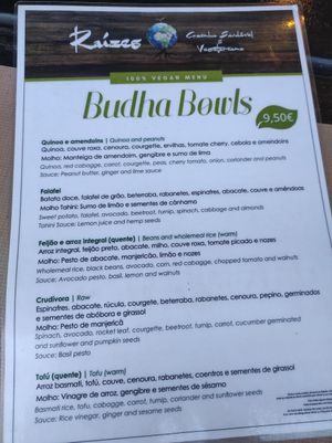 Menu at Raizes in Quarteira