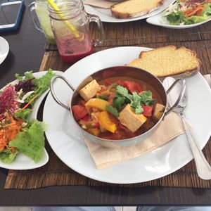 A local dish, usually with fish but fully vegan With tofu  at Raizes in Quarteira