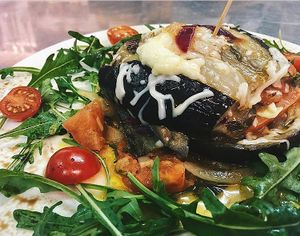 Amazing starter, aubergine  stacks and vegan cheese at Raizes in Quarteira