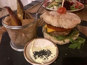 Burger with sweet potato at Raizes in Quarteira