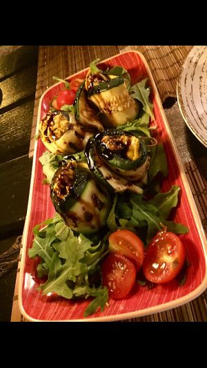 Chickpea hummus stuffed courgette 😋 at Raizes in Quarteira