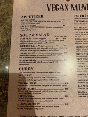 vegan menu pt 1 at Chon Thai Food in Chandler