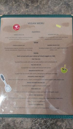 Vegan menu at Chon Thai Food in Chandler