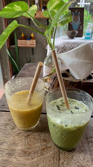 Mango-passion-pineapple smoothie & soy matcha iced latte at Big Bite Home Style Veggie Cafe in Koh Tao