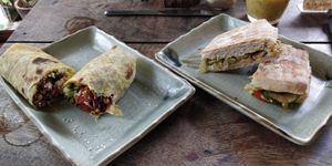 Veg panini & tea leaf salad wrap at Big Bite Home Style Veggie Cafe in Koh Tao