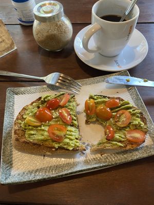 Vegan avocado toast and americano coffee  at Big Bite Home Style Veggie Cafe in Koh Tao
