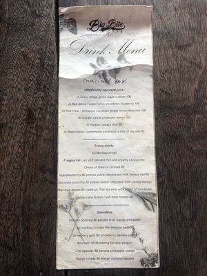 Menu, February 2019 at Big Bite Home Style Veggie Cafe in Koh Tao
