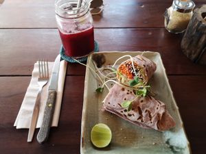 Yummi Wrap with Pumpkin and Purple Juice at Big Bite Home Style Veggie Cafe in Koh Tao