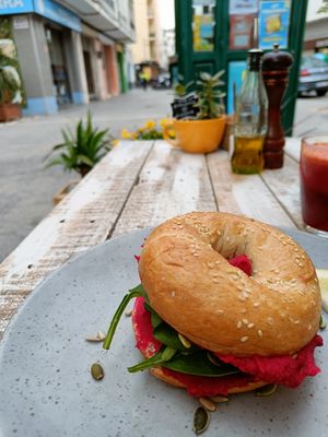 Bagel and juice at Nude Cafe in Ibiza
