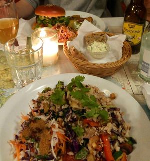 Burger and Rice with Tofu. at Atlas Bar in Copenhagen