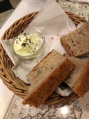 Delicious bread with vegan butter at Atlas Bar in Copenhagen
