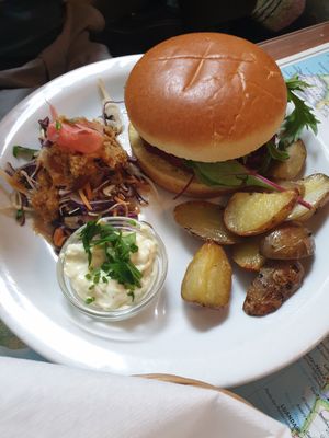 Burger with chips at Atlas Bar in Copenhagen