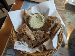 Bread and basil butter (complimentary) at Atlas Bar in Copenhagen