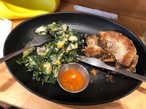 Pepper jack pie with kale potato salad  at The Organic Food and Wine Deli in Melbourne