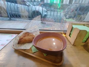 Tomato soup and Tartar vegan triangle (Echpochmak
) at Green Life Cafe in Kazan