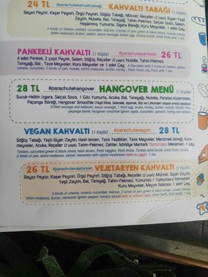 Menu at Parachute Cafe in Istanbul