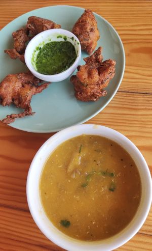 Lentil soup and  Pakoras (cauliflower fritters) at Gaia Loja Restaurante in Rogil