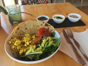 Brunch breakfast (scrambled tofu with galettes and different sauces)  at Gaia Loja Restaurante in Rogil