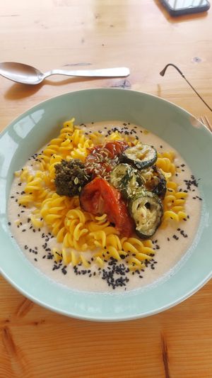 Pasta with cashew+cauliflower cream at Gaia Loja Restaurante in Rogil