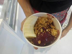 Mango flavoured açai bowl with granola and banana at FitBar - Poblenou in Barcelona