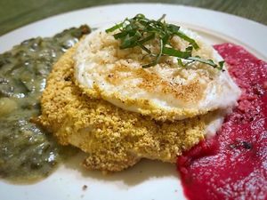 Ulu "Parmesan" with Fresh Coconut Mozarella and Mac Nut Parmesan at OurPlace in Kapaa