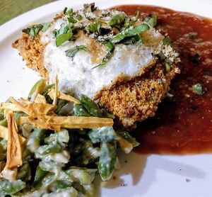 Ulu Parmesan with Fresh Coconut Mozarella & Mac Nut Parmesan at OurPlace in Kapaa