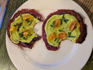 Taro flat bread w/ rare locally sourced   at OurPlace in Kapaa