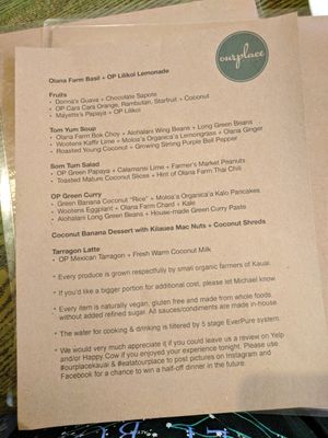 menu at OurPlace in Kapaa