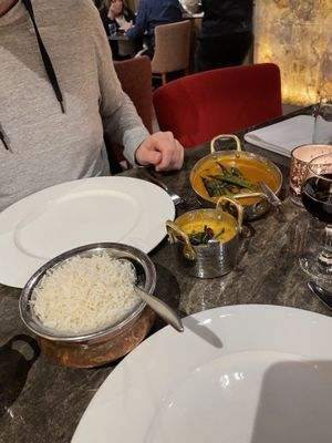 Rice, tarka dahl, okra dish  at Navadhanya in Cambridge