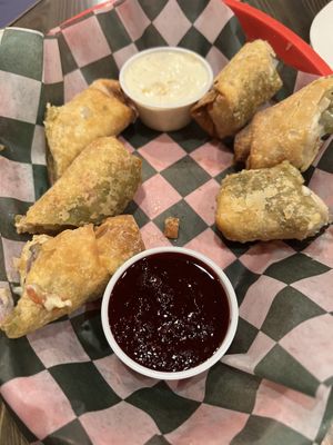 Avocado rolls with vegan ranch. AMAZING! Just let them cook for a minute. I was starving and burned my tongue    at Harp and Hound in Ogden