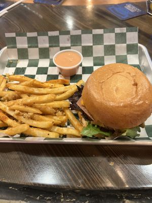 ‘47 Burger with vegan bacon and cheese. The pinenut and garlic fries were ridiculously good!  at Harp and Hound in Ogden