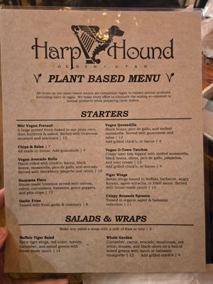 Vegan menu (front) at Harp and Hound in Ogden