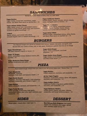 Vegan menu (back) at Harp and Hound in Ogden
