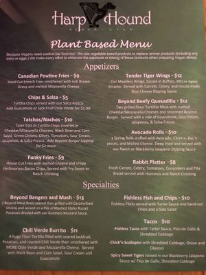 H&H Plant Based Menu at Harp and Hound in Ogden
