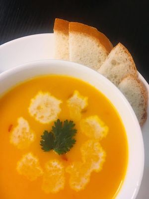 Carrot-pumpin soup, really good ! at Lotus Cafe in Ulaanbaatar